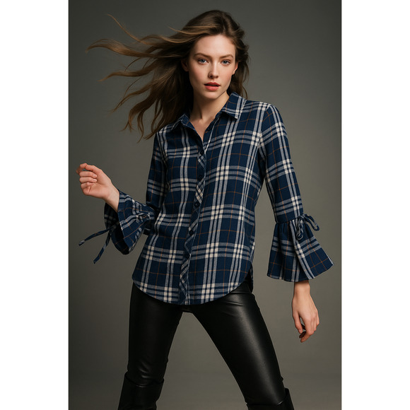 Time and Tru Blue Plaid Flannel Top with Bell Cuffs & Tie – Size Medium - Picture 1 of 10